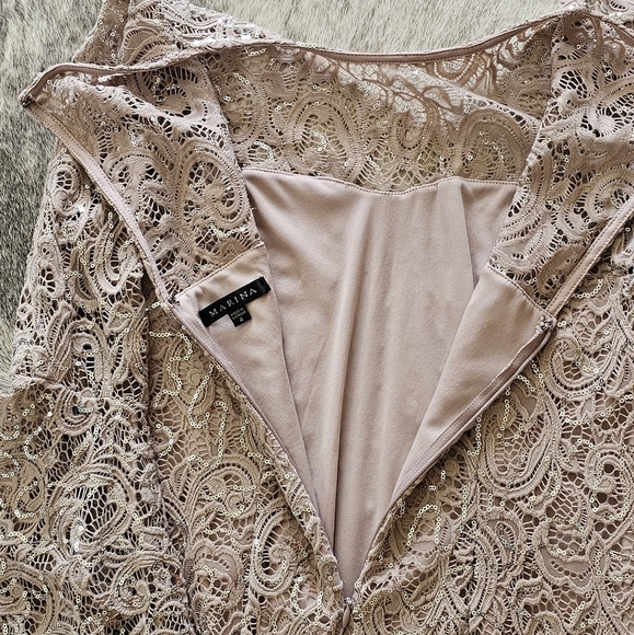 3 for $30! SALE Marina Lace Sequined Illusion Blush Sheath Bell Sleeve Dress - Picture 8 of 13